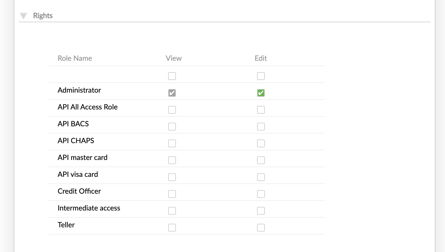 Example of rights section with list of user roles